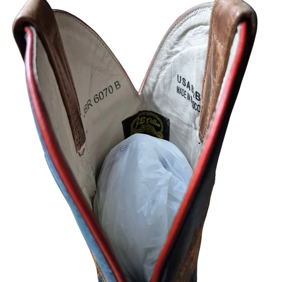 8.5 B J.B. Dillon Blue and Brown Cowboy Boots with Ornate Stitching - Picture 7 of 10